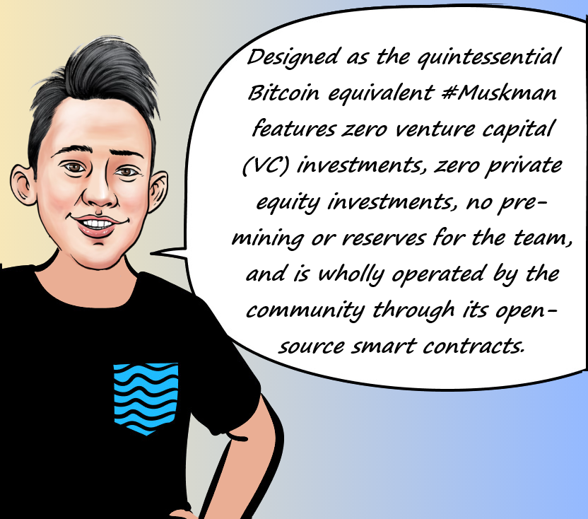 A comic book frame containing Justin Sun,  giving the testimonial "Muskman fantastic! A #Blockchain innovation #Muskman INU which will make everyone wealthy, using Smart Contract powers for good.".